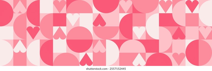 Seamless trendy pink background with hearts and circles for Mother's Day card template. Trendy geometric red shapes with retro squares for Valentine's Day or Wedding Day cover.