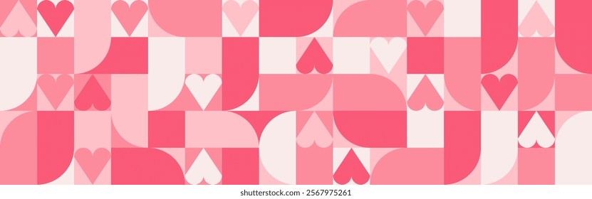 Seamless trendy pink background with hearts and circles for Mother's Day card template. Trendy geometric red shapes with retro squares for Valentine's Day or Wedding Day cover.