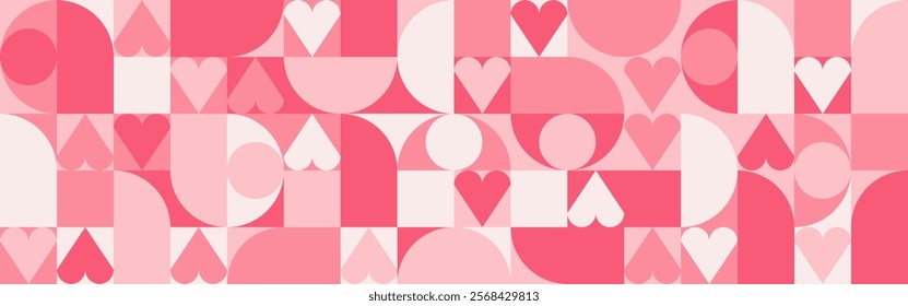 Seamless trendy pink background with hearts and circles for Mother's Day card template. Trendy geometric red shapes with retro squares for Valentine's Day or Wedding Day cover.