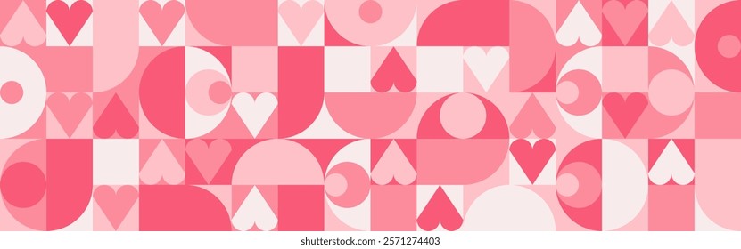 Seamless trendy pink background with hearts and circles for Mother's Day card template. Trendy geometric red shapes with retro squares for Valentine's Day or Wedding Day cover.