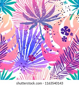 Seamless trendy pink pattern with exotic palm leaves and Monstera. Vector botanical illustration, design element for for fabric, wrapping paper, congratulation cards, print, banners and others