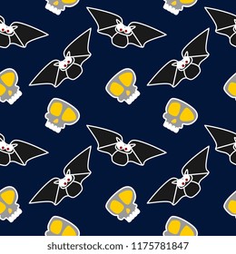 Seamless trendy popular halloween pattern with skull and bat character for kids and baby fashion print and wrapping vector illustration.