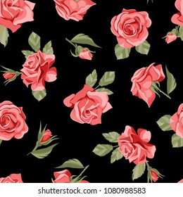 Seamless trendy roses pattern in vector. Flowers on black