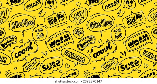 Seamless Trendy speech bubbles in flat hand drawn design with short messages. Cute Comic Style. Dialog windows with phrases Yes. Icons and bubble such as line, hearts, and sparkles.Seamless background