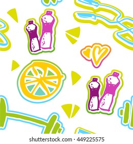 Seamless trendy sport pattern with dumbbell, water bottle, skipping rope. Fitness activity bright background.