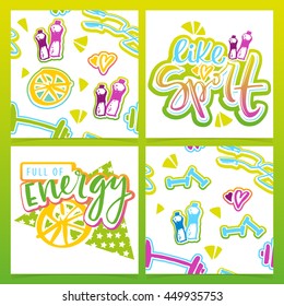 Seamless trendy sport pattern with dumbbell, water bottle, skipping rope. Vector set of bright sport cards. Beautiful posters with fitness activity benefits and hand written text. 