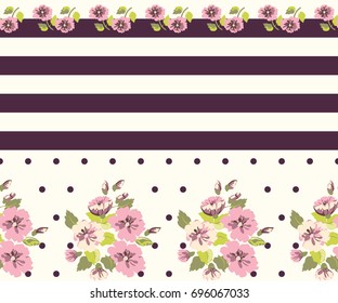 Seamless trendy striped border in cute flowers. Composite geometric overlay. Floral background for textile, wallpaper, pattern fills, covers, surface, print, gift wrap, scrapbooking, decoupage.