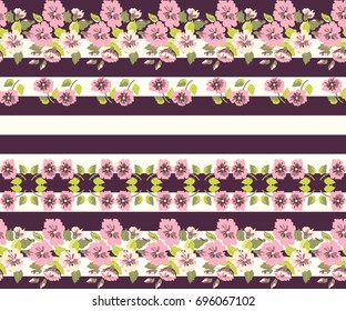 Seamless trendy striped border in cute flowers. Composite geometric overlay. Floral background for textile, wallpaper, pattern fills, covers, surface, print, gift wrap, scrapbooking, decoupage.