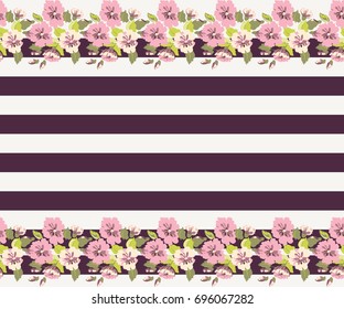 Seamless trendy striped border in cute flowers. Composite geometric overlay. Floral background for textile, wallpaper, pattern fills, covers, surface, print, gift wrap, scrapbooking, decoupage.