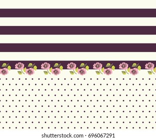 Seamless trendy striped border in cute flowers. Composite geometric overlay. Floral background for textile, wallpaper, pattern fills, covers, surface, print, gift wrap, scrapbooking, decoupage.