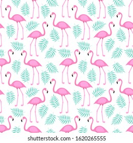 Seamless trendy tropical pattern with pink flamingo birds and tropic areca leaves, summer background. Vector illustration