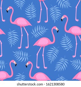 Seamless trendy tropical pattern with pink flamingo birds and tropic areca leaves, summer background. Vector illustration