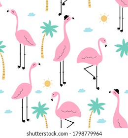 Seamless trendy tropical pattern with pink flamingo birds and tropic icons summer background. Vector illustration