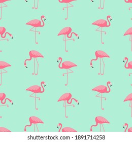 Seamless trendy tropical pattern with pink flamingo birds. Vector illustration