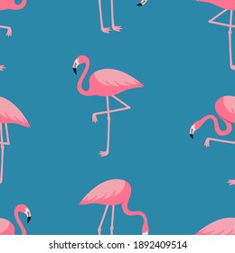 Seamless trendy tropical pattern with pink flamingo birds. Vector illustration