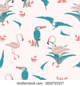 Patrón tropical de moda sin foco, con flamingo rosa y pájaros tocanos, hojas tropicales sobre fondo rosa. Ilustración vectorial.