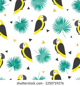 Seamless trendy tropical pattern with yellow watercolor parrots and palm leaves.