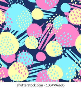 Seamless trendy  vector pattern with round brush strokes. Hand drawn modern ink artistic design with authentic,unique scrapes, watercolor blotted background, expressive ink painting