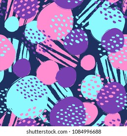 Seamless trendy  vector pattern with round brush strokes. Hand drawn modern ink artistic design with authentic,unique scrapes, watercolor blotted background, expressive ink painting