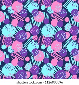 Seamless trendy  vector pattern with round brush strokes. Hand drawn modern ink artistic design with authentic,unique scrapes, watercolor blotted background, expressive ink painting