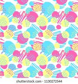 Seamless trendy  vector pattern with round brush strokes. Hand drawn modern ink artistic design with authentic,unique scrapes, watercolor blotted background, expressive ink painting