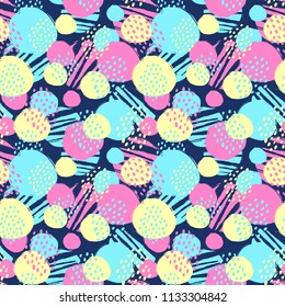 Seamless trendy  vector pattern with round brush strokes. Hand drawn modern ink artistic design with authentic,unique scrapes, watercolor blotted background, expressive ink painting