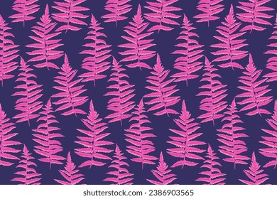 Seamless trendy vibrant creative pink leaves fern pattern. Vector hand drawn sketch. Abstract shape silhouettes leaf print on a dark blue background. Template for design, fabric, interior decor