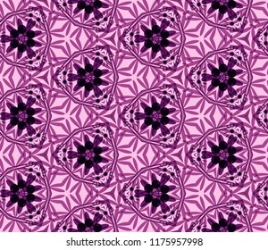 Seamless triangle pattern from pink and purple geometrical abstract ornaments on a dark background. Vector illustration. Suitable for fabric, wallpaper and wrapping paper