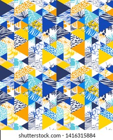 Seamless triangle shape pattern Tropical birds, palms, flowers. Artistic floral background. Hand Drawn textures. Design poster, textile, print. Vector Illustration. Blue, yellow, orange, white.