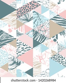 Seamless triangle shape pattern Tropical birds, palms, flowers. Grunge ink style. Artistic floral background. Hand Drawn textures. Design poster, textile, print. Vector Illustration. Blue, pink, white