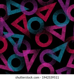Seamless triangles and circles abstract pattern. Trendy texture. Geometric dotted grunge background.