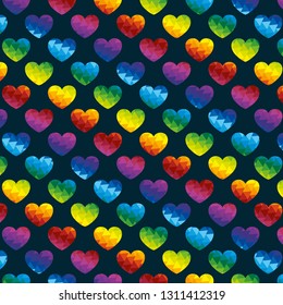 Seamless Triangles Rainbow Hearts Deep Blue Background Vector Pattern