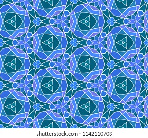 Seamless triangular bright pattern from abstract geometric ornaments multi colored in blue shades. Vector illustration - mosaic, kaleidoscope. Suitable for fabric, wallpaper or wrapping paper