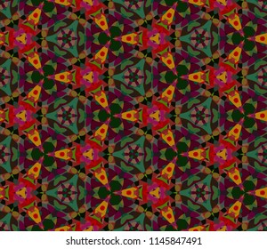 Seamless triangular bright pattern from geometrical abstract ornaments multicolored in red and green shades on a dark background. Vector illustration. Suitable for fabric, wallpaper or wrapping paper