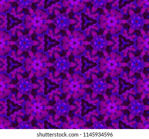 Seamless triangular bright pattern from geometrical abstract ornaments multicolored in purple and violet shades on dark background. Vector illustration. Suitable for fabric, wallpaper, wrapping paper