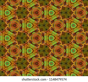 Seamless triangular bright pattern from geometrical abstract ornaments multicolored in green and olive shades on dark background. Vector illustration. Suitable for fabric, wallpaper or wrapping paper