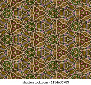 Seamless triangular pattern from geometrical abstract ornaments multicolored in olive and brown colors on a beige background. Vector illustration. Suitable for fabric, wallpaper and wrapping paper