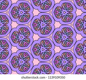 Seamless triangular pattern from geometrical abstract ornaments multicolored in violet and purple shades on a pink background. Vector illustration. Suitable for fabric, wallpaper and wrapping paper