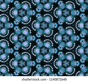 Seamless triangular pattern from geometrical abstract ornaments multicolored in turquoise and blue shades on a dark background. Vector illustration. Suitable for fabric, wallpaper and wrapping paper