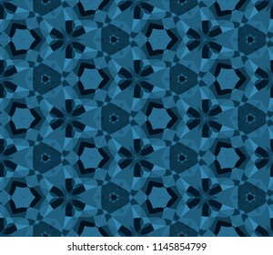 Seamless triangular pattern from geometrical abstract ornaments multicolored in blue shades on a dark background. Vector illustration. Suitable for fabric, wallpaper or wrapping paper