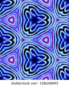 Seamless triangular pattern from geometrical abstract ornaments multicolored in blue and purple shades on a dark background. Vector illustration. Suitable for fabric, wallpaper and wrapping paper