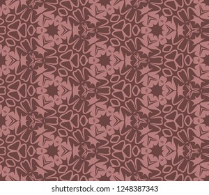 Seamless triangular pattern from geometrical abstract ornaments on a brown background. Vector illustration. Suitable for fabric, wallpaper, wrapping paper