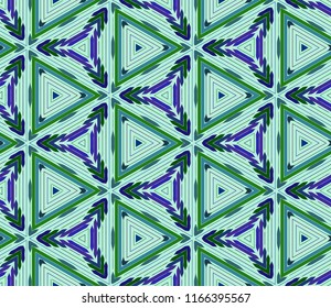Seamless triangular pattern from green and blue geometrical abstract ornaments on a light background. Vector illustration. Suitable for fabric, wallpaper and wrapping paper