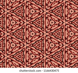 Seamless triangular pattern from red and brown geometrical abstract ornaments on a beige background. Vector illustration. Suitable for fabric, wallpaper and wrapping paper
