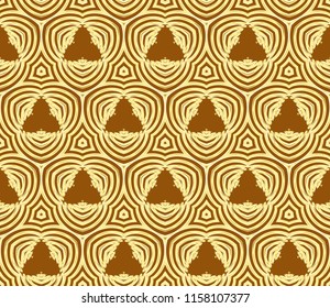 Seamless triangular pattern from yellow geometrical abstract ornaments on a brown background. Vector illustration can be used for textiles, wallpaper and wrapping paper