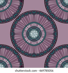 Seamless tribal abstract pattern about nature for printing on fabric or paper. Doodleart mandala design. Hand drawn forest background.