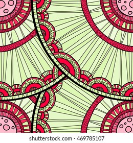 Seamless tribal abstract pattern about nature for printing on fabric or paper. Doodleart mandala design. Hand drawn forest background.