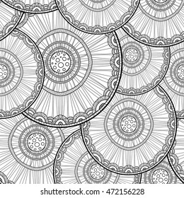 Seamless tribal abstract pattern about nature for printing on fabric or paper. Doodleart mandala design. Hand drawn forest background.