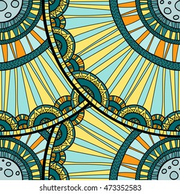 Seamless tribal abstract pattern about nature for printing on fabric or paper. Doodleart mandala design. Hand drawn forest background.