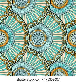 Seamless tribal abstract pattern about nature for printing on fabric or paper. Doodleart mandala design. Hand drawn forest background.